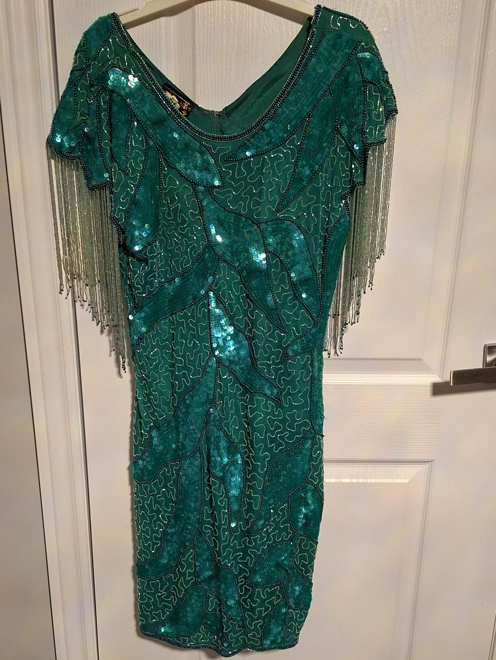 Vintage Casino Nights Silk Emerald Sequin And Beaded Cocktail Dress - Women